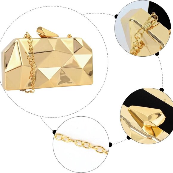 Women Metal Clutch Purse Small Evening Bag Geometric Gold with Chain - Picture 5 of 8
